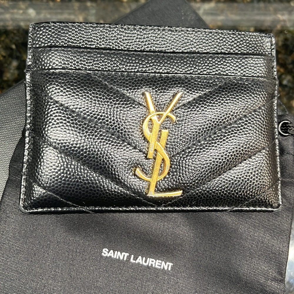 Saint Laurent YSL Grain de Poudre Leather Card Case, Golden Hardware